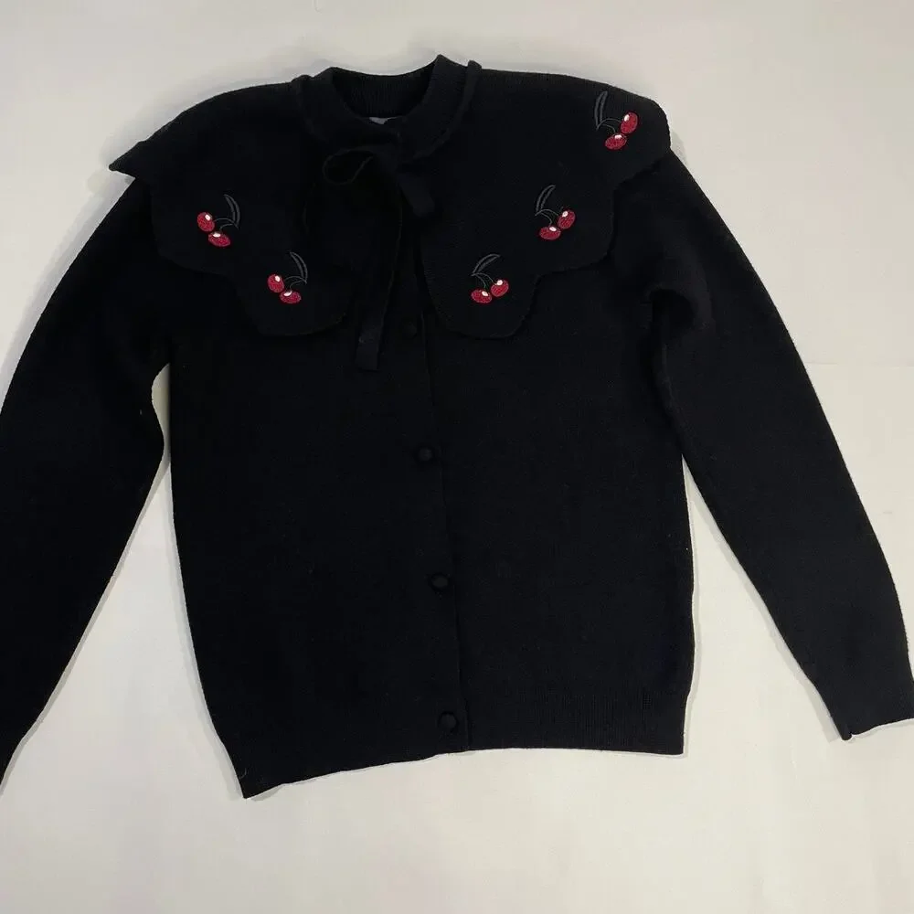 Girls Black Cardigan Sweater with Cherry Peter Pan Collar Tie Neck Size 12‎